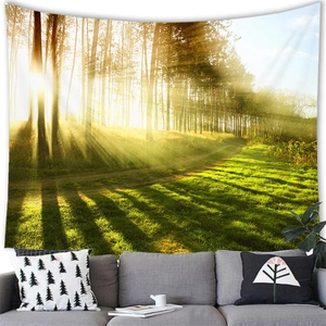 Detail showing high-quality polyester fabric texture of forest landscape wall tapestry