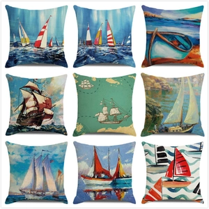 Nine-piece set of nautical sailboat watercolor cushion covers with oceanic oil painting art
