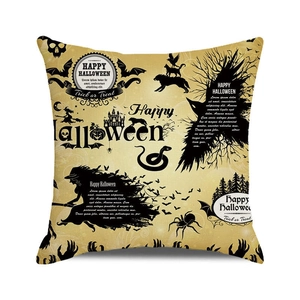 Close-up of Halloween square cushion cover with hand-drawn witch, bat and skull patterns