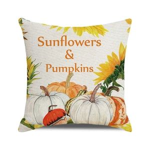 Linen pillow cover with watercolor sunflowers and pumpkins design for autumn decor