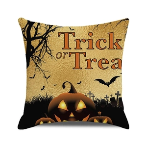 Detail of Halloween Trick or Treat pillow cover with pumpkin and bat prints