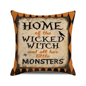 Detail of Halloween pillow case with Wicked Witch text and orange diamond border