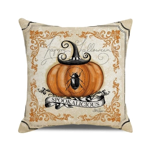 Detailed view of Happy Halloween cotton linen pillowcase with pumpkin and wizard hat print