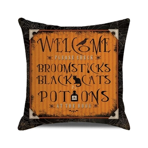 Detail of Halloween throw pillow with vintage orange crow and black cat design