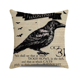 Vintage Halloween pillow cover featuring a black crow and Oct 31 date on old newspaper print