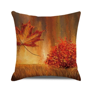 Artistic oil painting style throw pillow cover with red autumn maple leaf and forest scene