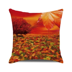 Autumn forest landscape throw pillow cover with red maple tree and park bench prints