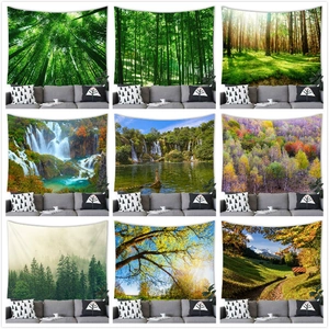 Polyester Nature Landscape Wall Hanging Tapestry Forest Bamboo Waterfall Print Decorative Fabric Background For Living Room Decor