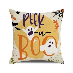 Detail of Peek-a-boo Halloween cushion cover featuring ghost, bats and spider web prints