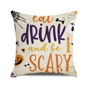 Detail of Eat Drink and Be Scary Halloween pillowcase with rustic linen texture