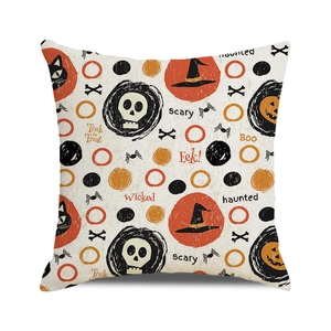 Detail of linen texture on Halloween throw pillow cover with vintage trick or treat prints