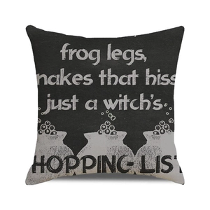 Detailed texture of cotton linen Halloween cushion cover with witch theme print