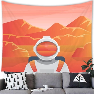 Detailed view of astronaut wall tapestry on living room wall above a modern sofa