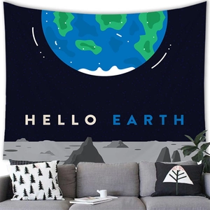 Detailed view of the space tapestry showing Planet Earth and Hello Earth text in a living room