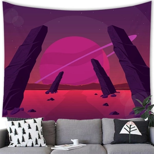 Detailed texture of cosmic planet tapestry hanging above a modern living room sofa