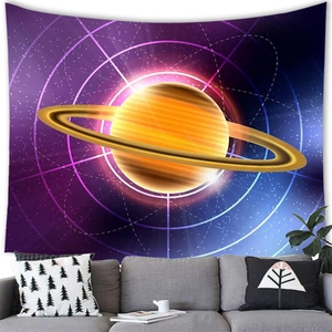 Detailed view of planetary tapestry hanging on a wall above a modern grey sofa