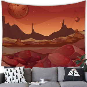 Cosmic planet landscape wall tapestry above a sofa for modern home interior decor
