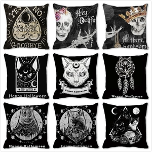 Housses De Coussin Gothiques Halloween Polyester Peau De Pêche Décoration Chat Noir Crâne Mystique Occulte Housse Carrée