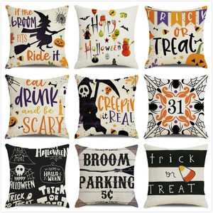 Halloween Throw Pillow Covers Linen Cotton Decorative Cushion Case Witch Pumpkin Skull Print Home Party Holiday Decor