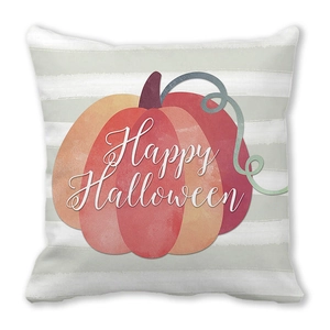 Detalle de estampado de calabaza Happy Halloween en funda de cojín con rayas
