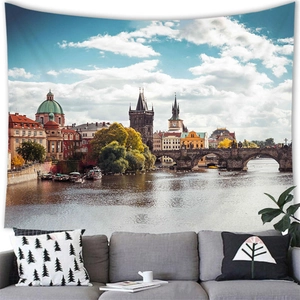 Detail of European city landscape tapestry hanging above a modern sofa in living room