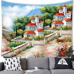 Detailed European country oil painting tapestry with vivid village scenery and flowers