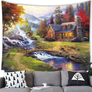 Detail of oil painting style landscape tapestry featuring a cozy forest cabin and stream