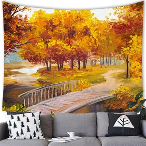 Detailed view of an autumn forest oil painting tapestry hanging above a modern grey sofa