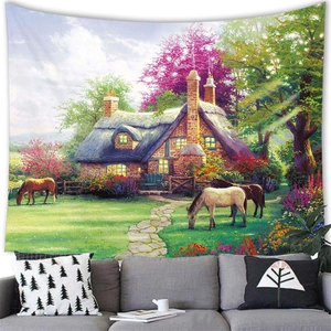 Detail showing a rural cottage and horses on a high-definition landscape wall tapestry
