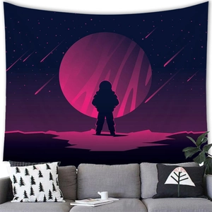 Space astronaut tapestry with planets in deep purple and rose red for wall decoration