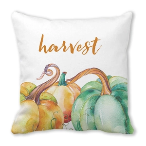 Funda de cojín otoñal de piel de melocotón con calabaza acuarela y texto de harvest