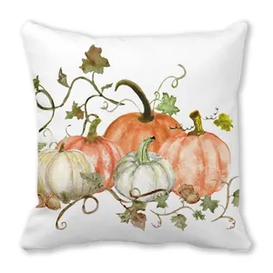 Funda de cojín blanca estampada con calabaza y hojas de otoño para el Día de Acción de Gracias