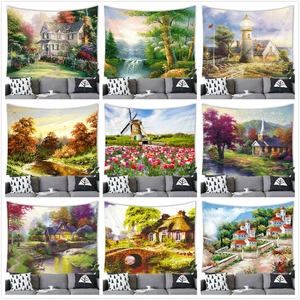 Countryside Landscape Scenery Oil Painting Wall Tapestry European Village Cottage Forest Lake Background Cloth Home Decor