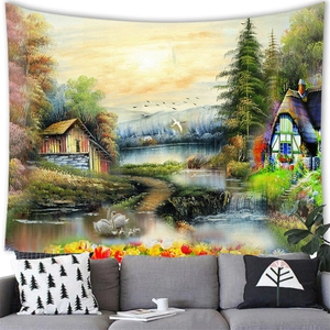 European pastoral landscape tapestry with lake and forest scenes hanging over a sofa
