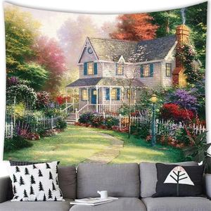 European oil painting landscape wall tapestry hanging over a sofa in a cozy living room