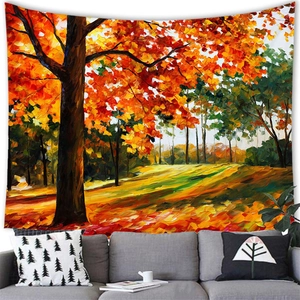 Autumn forest oil painting tapestry hanging on white wall above a grey sofa
