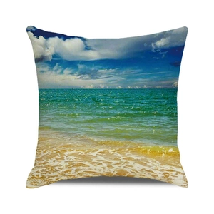 Detail of tropical beach palm tree cushion cover showing the cotton linen fabric texture