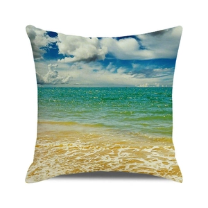 Detailed fabric texture of square pillowcase featuring tropical beach and ocean digital print