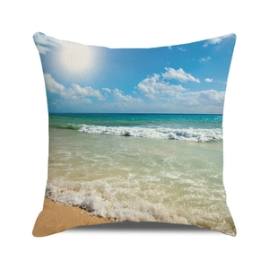 Detailed macro view of tropical beach print on heavy linen decorative cushion cover