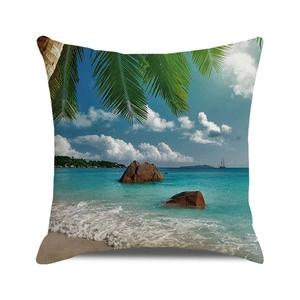 Close-up of tropical beach palm tree print on high-quality square pillow case fabric