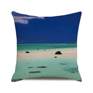 Macro detail of tropical beach print on square cushion cover with digital fabric texture