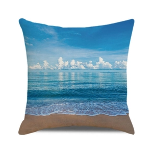 Summer beach landscape throw pillow cover with blue ocean and golden sand print