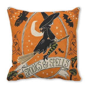 Halloween witch and moon watercolor pillow cover in peach skin fabric with Spooks & Spells text