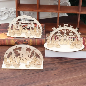 Detailed laser-cut wooden Christmas desktop ornament featuring Santa and reindeer