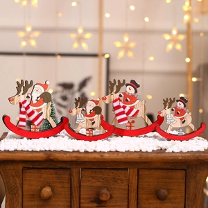 Christmas Wooden Rocking Horse Decoration Santa Claus Snowman Reindeer Tabletop Ornament For Holiday Home Party Desktop Decor Gift