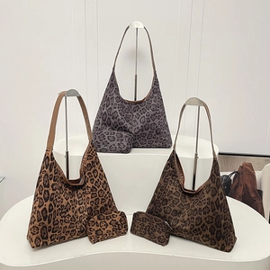 Leopard print canvas tote bag and mini pouch set with faux leather straps for women
