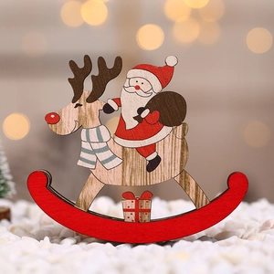 Festive wooden rocking horse Christmas ornament with Santa Claus and reindeer design