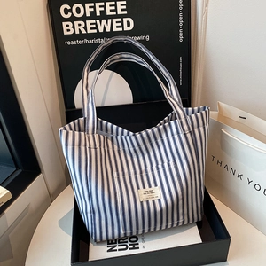 French Stripe Canvas Tote Bag For Women Large Capacity Shoulder Bag Casual Striped Shopper Bag Commuter Handbag Summer Travel Bag