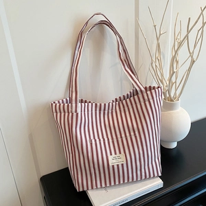 Large capacity red and white striped canvas tote bag with shoulder straps for women