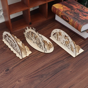 DIY laser cut wooden Christmas village decorations in natural wood finish 3 piece set